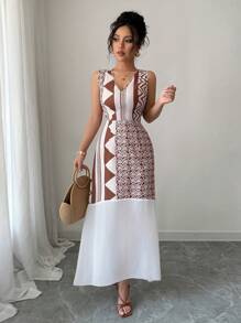 Calvaya Vestido sin mangas elegante con estampado y empalmado para mujeres