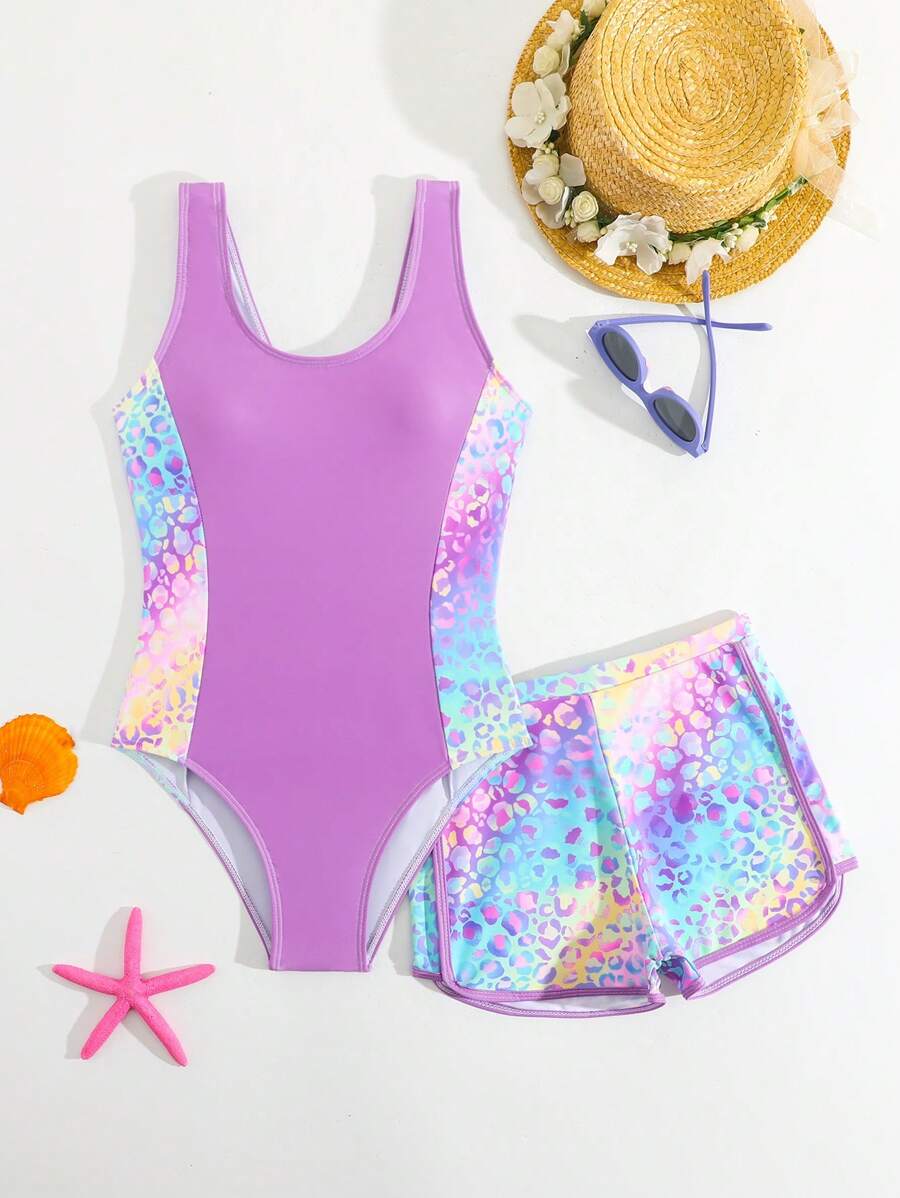 SHEIN Tween Girl' Swimwear/One-Piece Swimsuit/Printed/2pcs Set Summer Pink Swim Bohemian Summer Holiday Cute - Multicolor - View 1