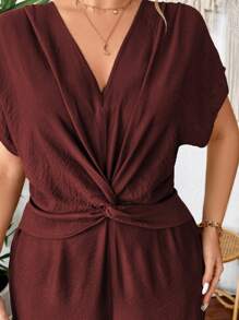 SHEIN Clasi Bộ đồ liền thân thẳng rộng rãi, thanh lịch, cổ chữ V, tay raglan, dáng rộng, đơn giản, thoải mái, dễ mặc, cỡ lớn dành cho nữ mùa xuân/hè - Màu đỏ tím - Xem 3