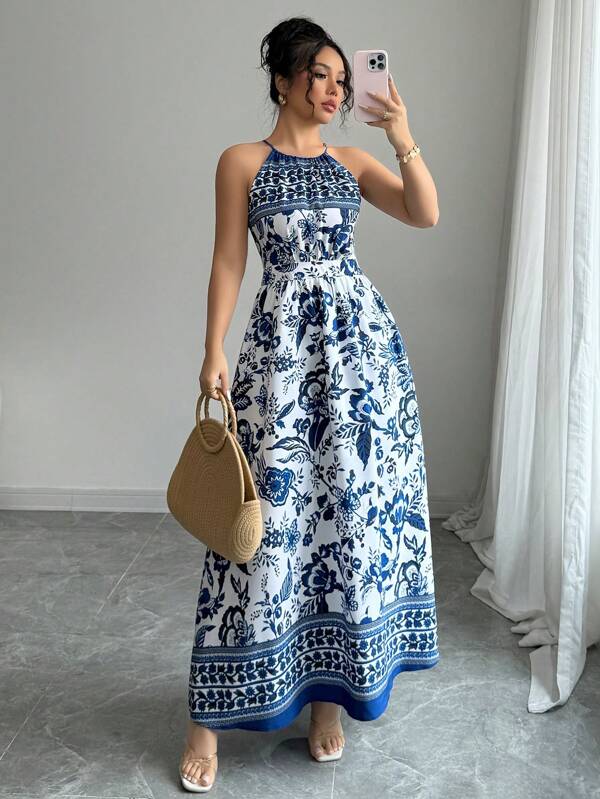 Elenzga Women's Elegant Fashion Charming Beach Resort Casual Vacation Sleeveless Halter Waist Cinched Floral Print Maxi Dress (Random Floral Print)