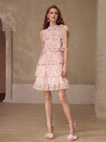 MOTF PREMIUM TIERED LAYER FLORAL PRINT DRESS - Baby Pink - View 1