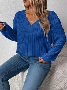 大码女士休闲大码 V 领宽松罗纹灰色运动衫，适合秋冬季