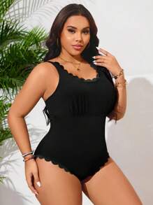 SHEIN Swim Curve Plus Size Women One-Piece Floral Lace Trim Special Fabric Swimsuit - Black - View 4