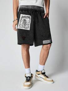 ROMWE MEN Anime 男士简约时尚休闲短裤，日常穿着 - 黑色 - 查看 4