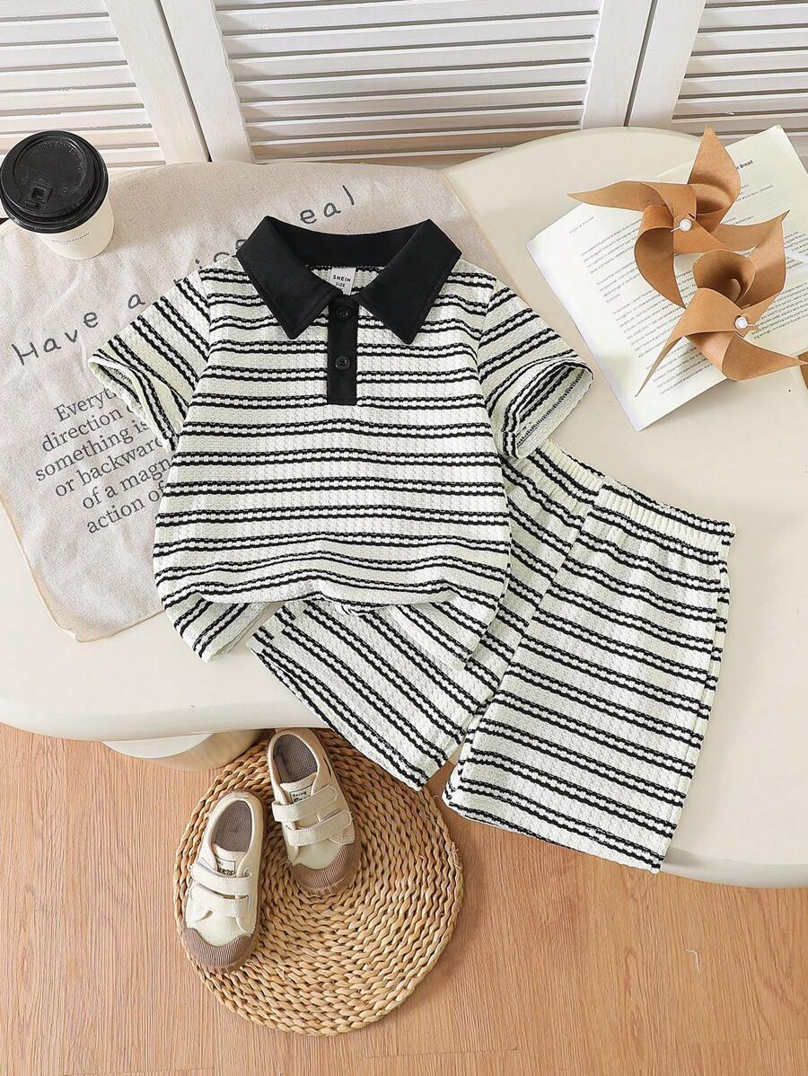 夏季新款条纹休闲短袖套装，马球领 T 恤 + 短裤，2 件/套幼儿男童