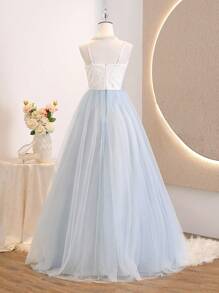 优雅蕾丝撞色网眼吊带连衣裙，适合伴娘、花童、舞会、婚礼、生日派对、少女 - 藍白色 - 查看 2