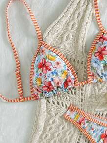SHEIN Swim Women's Summer Vacation Beach Wear Ditsy Floral Adjustable Striped Strap 2pcs Sexy Triangle Cup Bikini Set - Multicolor - View 3