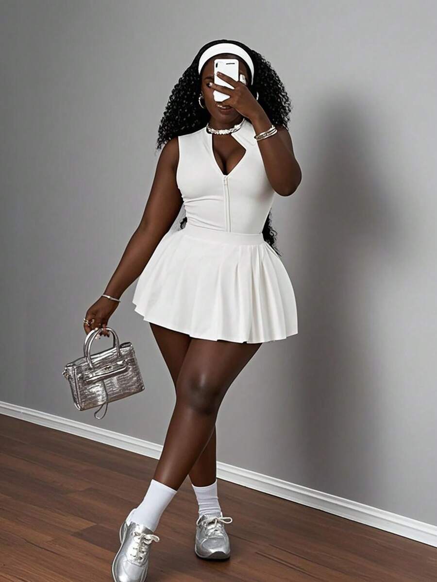 Slaydiva 新款春夏休闲基础运动风简约小立领前中拉链无袖短上衣+百褶裙迷你裙白色针织女两件套 - 白色 - 查看 1