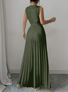 Elenzga 女士优雅香槟色双排扣无袖连衣裙，带褶边下摆，适合春季、夏季、情人节 - 軍綠色 - 查看 2