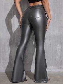 SHEIN Tall Women's Casual All-Match Low Waist Regular Black Coated Flare Pants, Spring/Autumn
