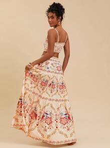 Travachic 2 件女式梭织印花背心和长裙套装，春夏，女士夏季服装，女士沙滩服装，女士西部服装，春假，女士音乐会服装，波西米亚风，狂欢服装，热带度假，节日，浪漫夏季女士两件套服装 - 卡其色 - 查看 2