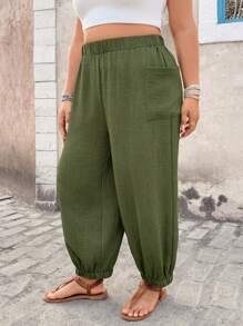 SHEIN LUNE 纹理舒适面料口袋踝带工装裤，军绿色，大码女款 - 軍綠色 - 查看 1