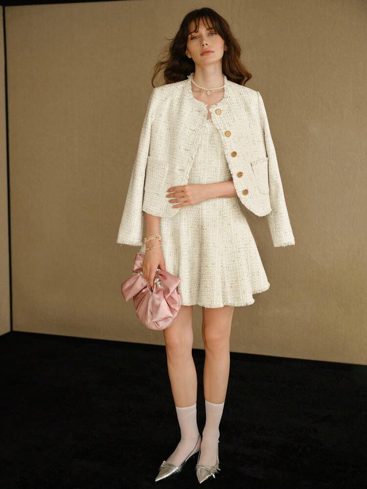 MOTF STUDIO TWEED RAW EDGE FLARE HEM SHORT DRESS, NEW YEAR OUTFIT