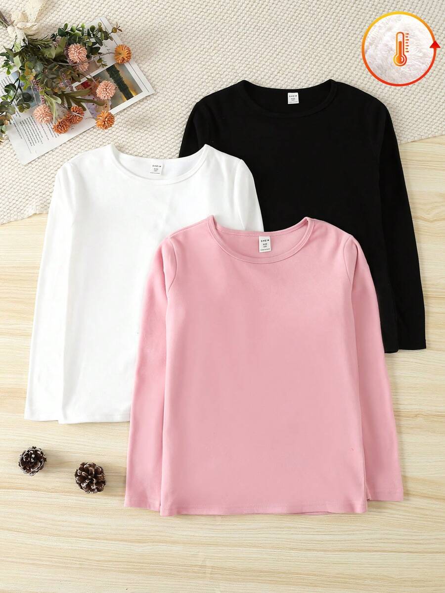 SHEIN Vintaside Kids 少女純色t恤套裝（多件裝） - 彩色 - 查看 1