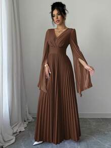 Elenzga V 领褶皱开袖优雅浪漫女式连衣裙长款女装 - 咖啡棕 - 查看 5