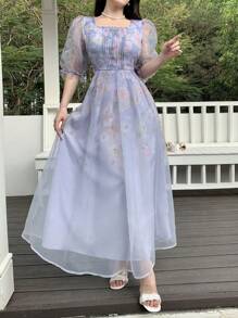 Feyla 女士优雅花卉印花泡泡袖连衣裙 - 藍色 - 查看 5