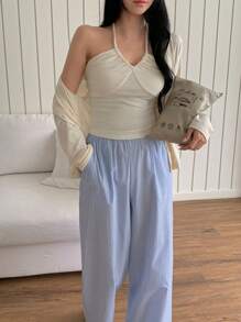 DAZY Set de 3 piezas con top de botones de unicolor, top de tirantes finos y pantalones rectos holgados a rayas para estar en casa, ropa de otoño e invierno, conjunto cómodo - Blanco - Ver 4