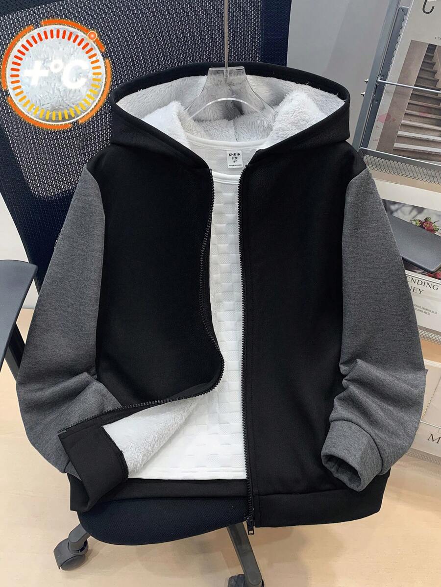 SHEIN 兒童青少年男孩開學休閒連帽對比色保暖內裡厚實梭織黑色秋冬夾克,適合學校、花園、生日 - 黑色 - 查看 1