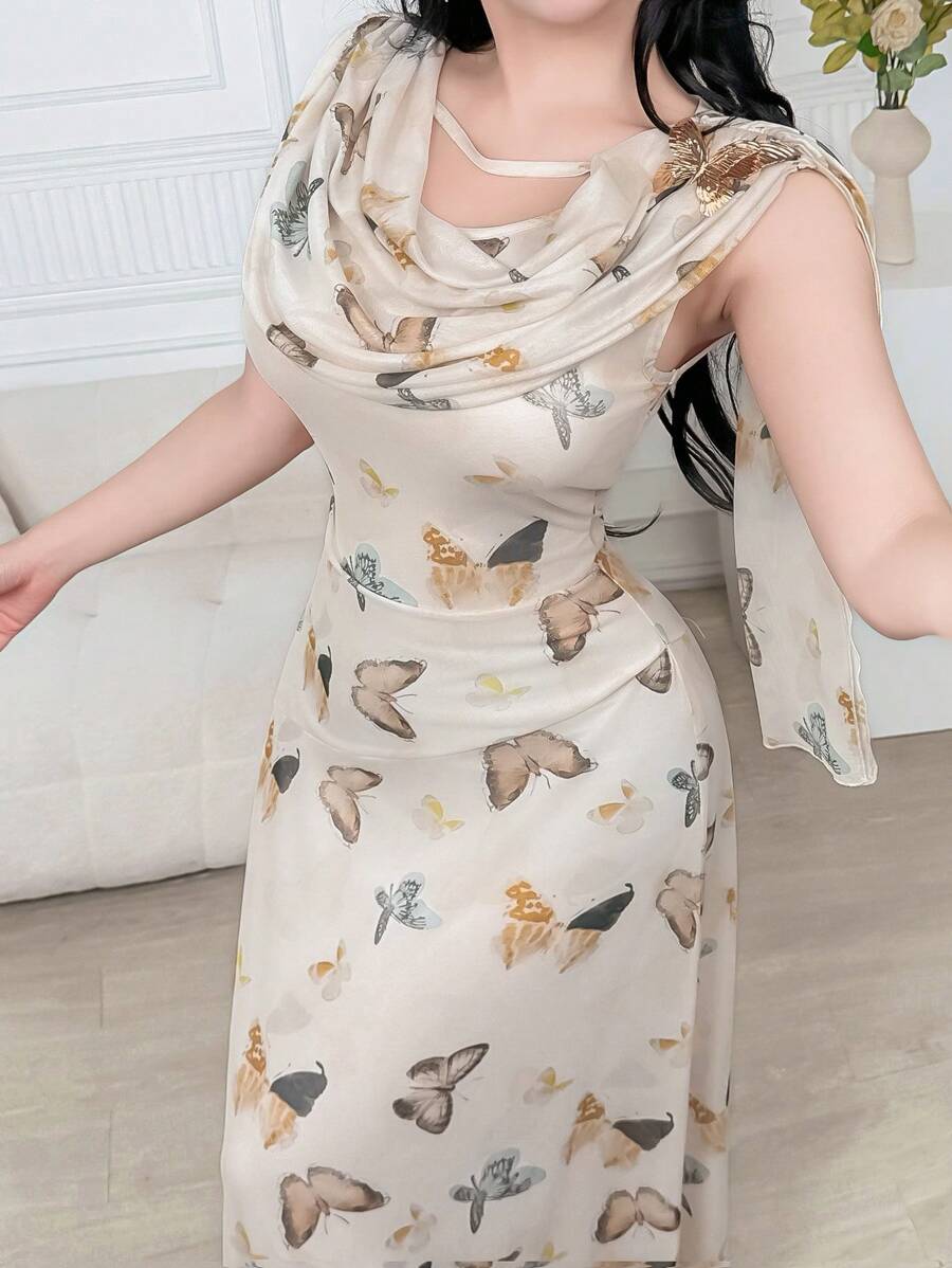 Feyla 女式蝴蝶印花荷叶边修身优雅连衣裙
