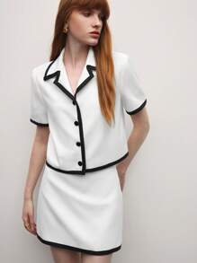 BizChic Women's 2pcs White Suit Set, Elegant Everyday Office Date Casual Commuter Holiday Outfit, Short Sleeve Blazer & Mini Skirt, Spring & Summer - Black and White - View 2