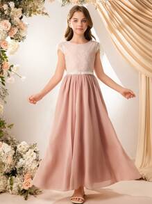 女孩优雅粉色圆领花卉荷叶边长款网眼覆盖派对礼服，适合舞会、约会之夜、婚礼、生日礼物 - 粉色 - 查看 3