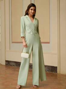 ZEYLAH Enfärgad kavajslag för kvinnor 3/4 ärm vid ben Elegant jumpsuit med applikation - Mint Grön - Visa 4