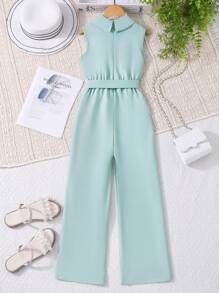SHEIN Mono sin mangas color verde oliva para niñas preadolescentes, con cuello, para vacaciones, uso casual y diario