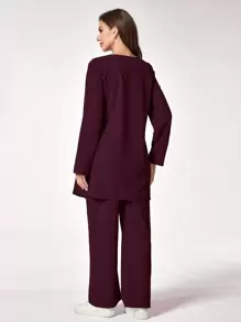TaskEZ 女士纯色长袖上衣和裤子护理手术服套装 - 酒紅色 - 查看 2