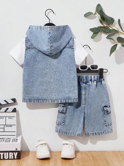 SHEIN Young Boys Denim Set, Vintage Mid-Blue, Includes Hooded Vest And Relaxed Cargo Shorts, Casual Streetwear Fashion Style Young Boys 2 Pieces Summer Holiday