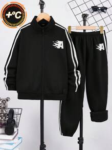 SHEIN 2pcs Set Tween Boys Casual Korean Style Ribbed Collar Zip-Up Hoodie & Relaxed Fit Jogger Pants, Suitable For Commute, School, Daily, Holiday, Sports, Spring Summer Autumn Winter