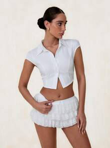 Glamine Women's Solid Color Cropped Short Sleeve Fitted Collared Shirt