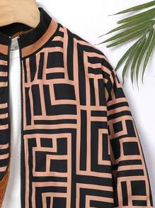 SHEIN Boys' Loose Fit Casual Stand Collar Patterned Fleece Jacket - Black - View 4