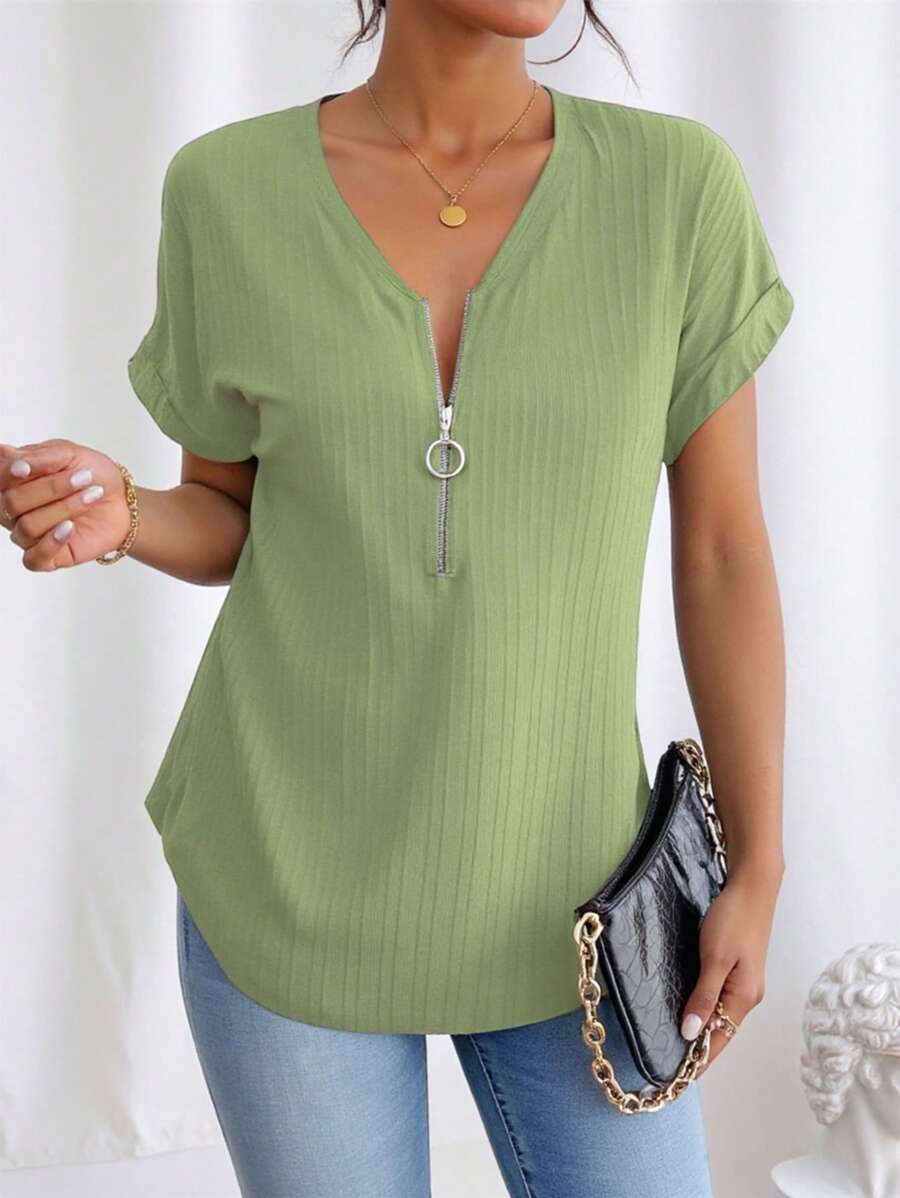 EMERY ROSE 休闲百搭纯色蝙蝠袖衬衫 - 綠色 - 查看 1