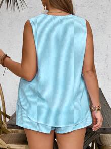 SHEIN VCAY Plus Size Women Blue & White Striped Vest & Shorts 2 Pieces Beach Set, Summer,Holiday Outfits - Mint Blue - View 2