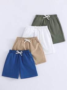 SHEIN Conjunto de 4 piezas de pantalones cortos informales y deportivos para niño pequeño, adecuados para uso diario, escuela, deportes, primavera/verano, que incluye: pantalones cortos blancos con cordón, pantalones cortos verdes, pantalones cortos azules, pantalones cortos negros