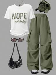 SHEIN WESTFADE Young 2pcs/Set Teenage Girls Letter Print Round Neck T-Shirt + Cargo Pants, Casual Streetwear Style