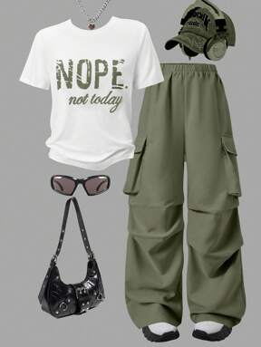 SHEIN Wildeya 2pcs/Set Teenage Girls Letter Print Round Neck T-Shirt + Cargo Pants, Casual Streetwear Style