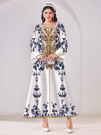 Al Najma Casual Minimalist Allover Print Modest Arabic Style Dress