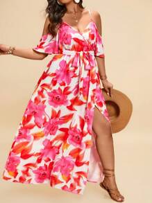 Travachic Plus Size Women Floral Print Off Shoulder Split Hem Vacation Dress Summer Outfits Beach Outfits For Woman Graduation Outfit Brunch Outfits For Women St Patrick Spring Break Rave Outfits Festival Elegant Vacation Outfits Woman Casau Western Cute Boho  Floral Beach Spring Clothes Brunch Outfits For Women Old Money Tropical Vacation Woman Clothes,Beach Dress Sundress,Holiday Outfits