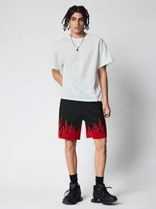 ROMWE MEN Street Life Men's Flame Printed Front Tie Pocket Casual Shorts