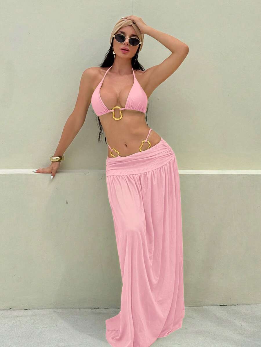 SHEIN Swim 3pcs Spring Break Shiny Solid Color Triangle Halter Sexy Elegant Vacation Bikini Set With Asymmetrical Metal Ring And Long Mesh Beach Dress Women's Swimwear - Pink - View 1