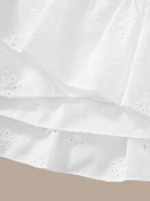 SHEIN 少女荷叶边短袖短款上衣 + 荷叶边腰部刺绣迷你裙 2 件套，优雅适合花童/伴娘婚礼、节日 - 白色 - 查看 7