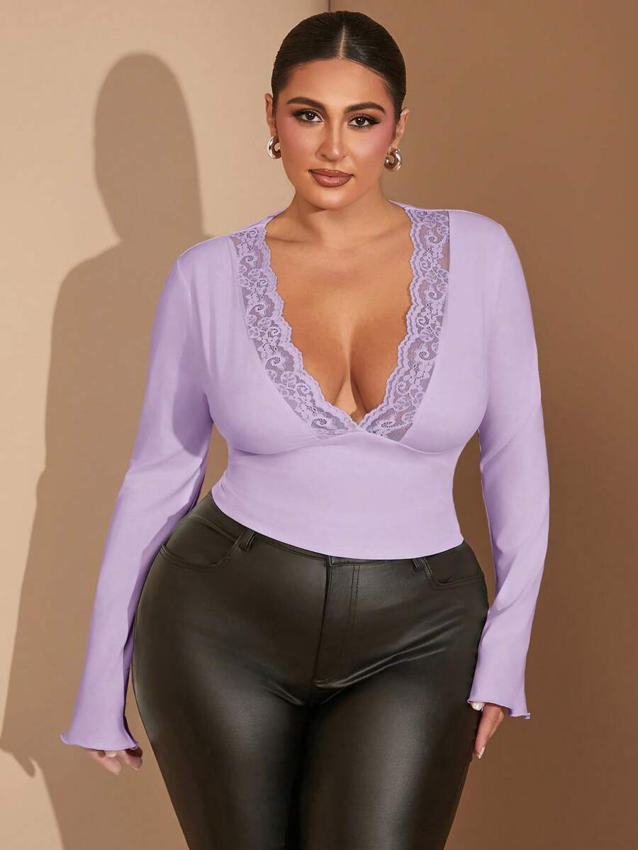 SHEIN BAE Plus Size Women V-Neck Splice Lace Trim Solid Long Sleeve Casual Top, Suitable For Spring/Summer - Mauve Purple - View 1