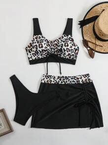 SHEIN 3pcs Beach Summer Outfits For Women: V-Neck Sleeveless Drawstring Bikini Top, Drawstring Leopard Print Skirt, Elegant Tie Dye Print Bikini Set - Multicolor - View 3