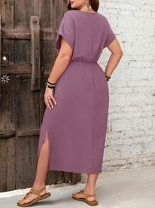 EMERY ROSE Váy đi nghỉ thường ngày tay cánh dơi buộc dây màu trơn cỡ lớn, mùa hè - Màu tím - Xem 2