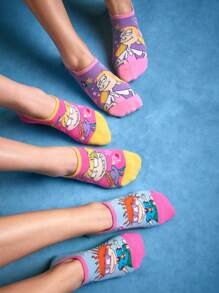 Nick 90s X SHEIN 3 Pairs Women Breathable Soft Boat Socks/Invisible Socks, Reinforced Toe And Heel, Wear All Seasons, Cute Cartoon & Contrast Color