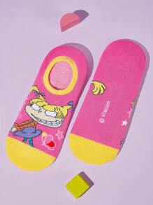Nick 90s X SHEIN 3 Pairs Women Breathable Soft Boat Socks/Invisible Socks, Reinforced Toe And Heel, Wear All Seasons, Cute Cartoon & Contrast Color