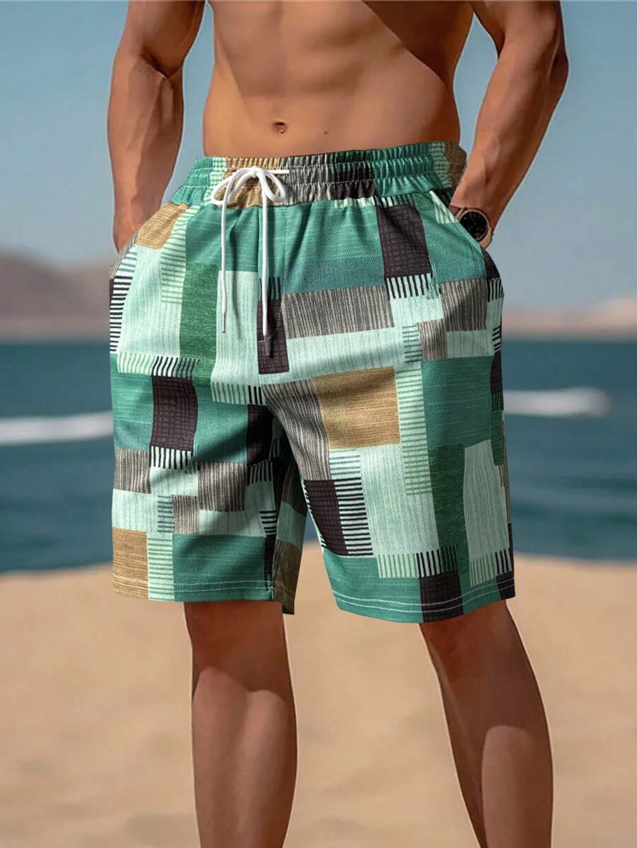 Manfinity RSRT Men's Vacation Casual Geometrical Print Drawstring Waist Shorts Beach - Green - View 1
