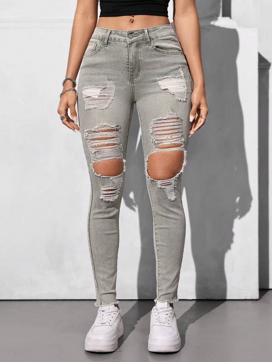 SHEIN EZwear Women's Pocketed Distressed Skinny Casual Versatile Denim Jeans - Army Green - View 1