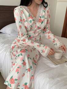 DAZY 春季浪漫花卉印花蕾丝花边松紧腰荷叶边袖睡袍睡衣